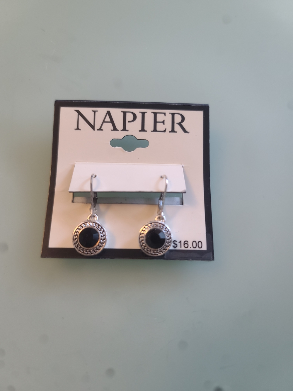 Napier Silver-Tone Drop Earrings with Black Centers